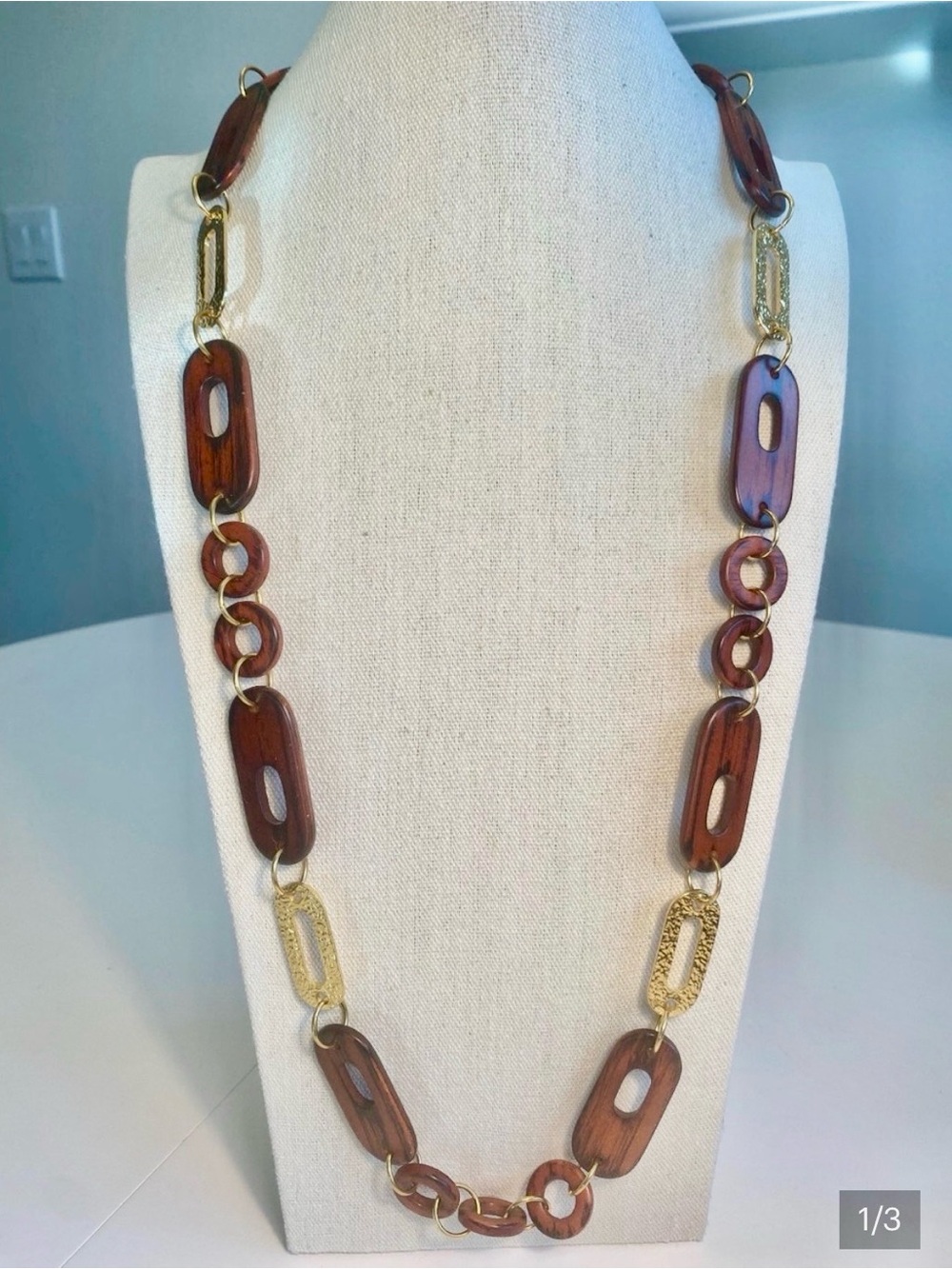 Joan Rivers Long Brown Wood Link Necklace with Gold Accents
